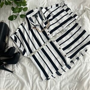 Black and White Boxy Button Down Shirt with Notched Collar